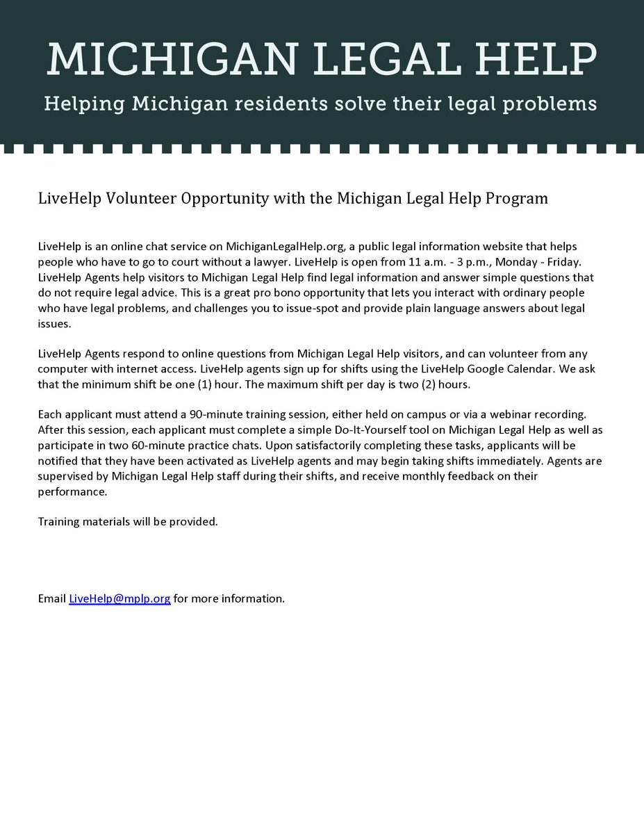Give back to the community while familiarizing yourself with public legal information by becoming a <a href="/milegalhelp/">Michigan Legal Help</a> LiveHelp Agent. Gain confidence in your client intake and communication skills through this remote and flexible volunteer opportunity! 
May 23 - info in CASE