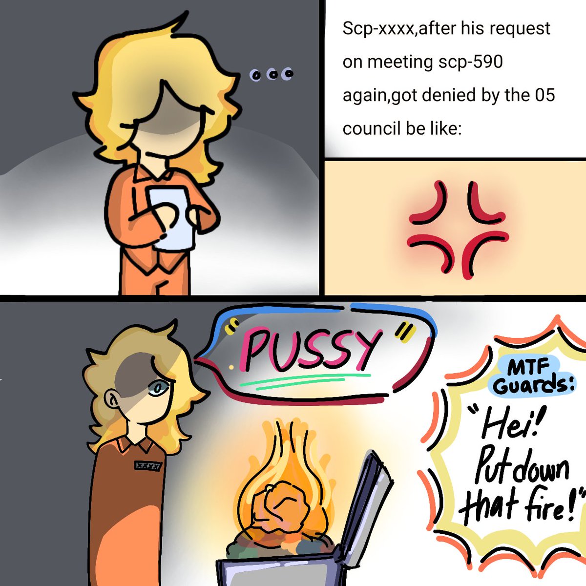 TboneBerryhill's tweet photo. colourdonut also made this cute comic of scp-xxxx 
#SCP  #scpart #OC #character #SCPFoundation #originalcharacter #digitalart #characterdesign #horror #scpcomic #scpmeme https://t.co/R1gmuY2wlh