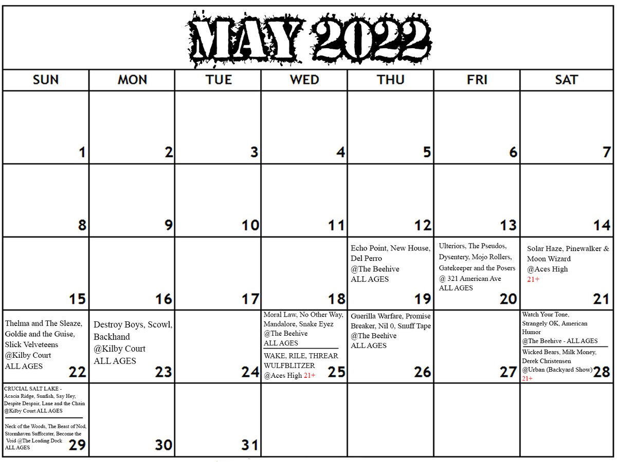 LacedHard's tweet photo. Alright, we are going to start posting a monthly calendar of all the shows happing in SLC. If we forgot your band or missed a show shoot us a message and we will add it. Sick of social media? Send us an email and we will email you a monthly calendar. Picture is small so zoom in https://t.co/NQboz1xHEJ
