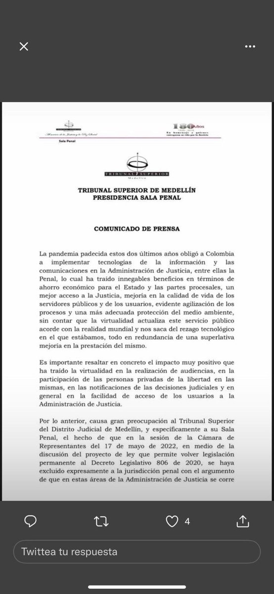 fbernate's tweet photo. #ATENCION 

Sala Penal del Tribunal de Medellin es el Segundo Tribunal del pais que se pronuncia en contra de la decisión discriminatoria de excluir a la justicia penal de la virtualidad.

Ojalá se sumaran mas Tribunales del país.

@clorduy @CorteSupremaJ https://t.co/Wql4CCKpyG