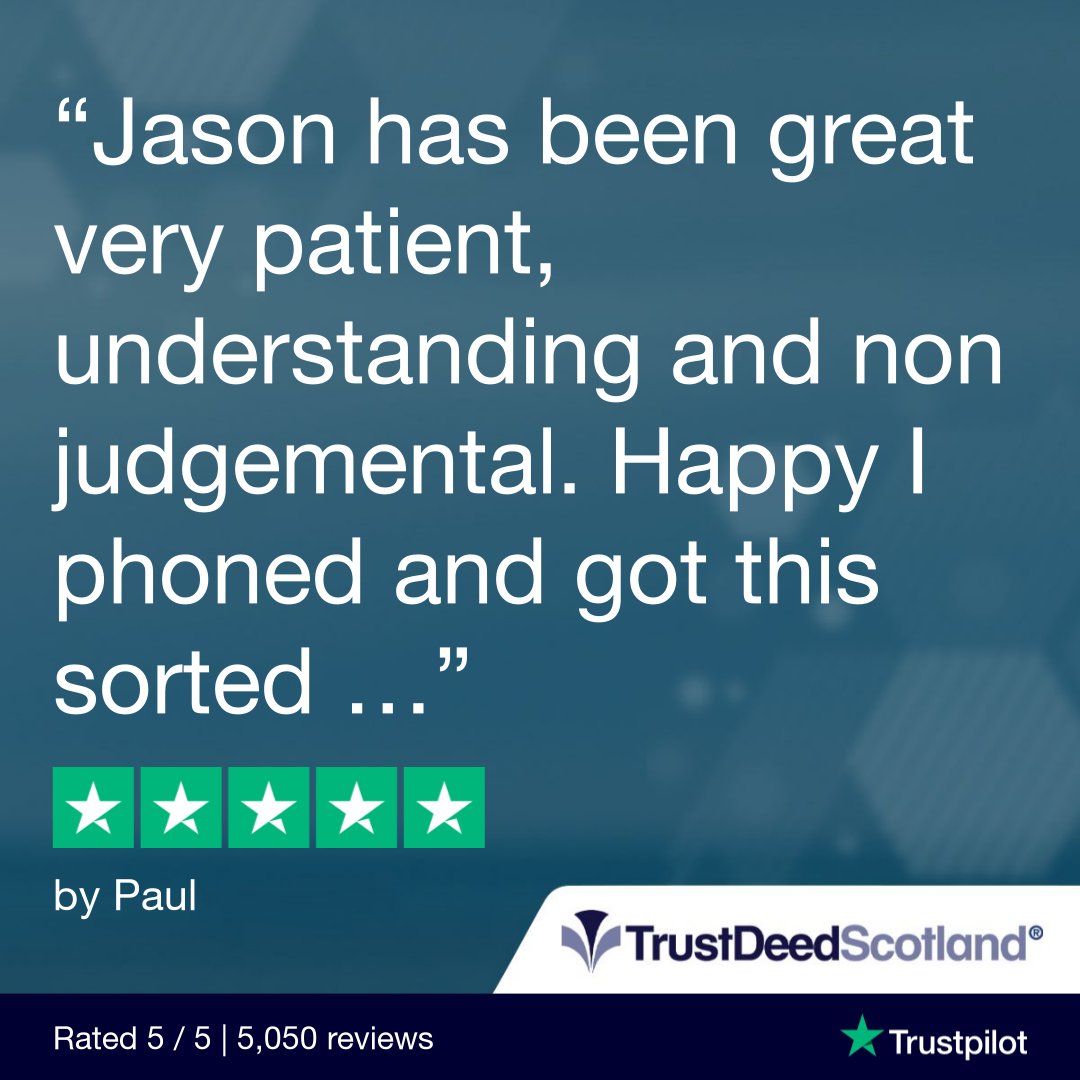 TrustDeedScotl's tweet photo. 🆕Trust Deed Scotland® @Trustpilot review.
★★★★★ by Paul.
Get started:
➡️ https://t.co/BlktQfMXqe
Read more reviews:
➡️ https://t.co/ftpYfsB9cN
📞 0141 221 0999
#realmoneystories #debtfreestories #lifeafterdebt #debtarrangementscheme #das #debtpaymentprogramme