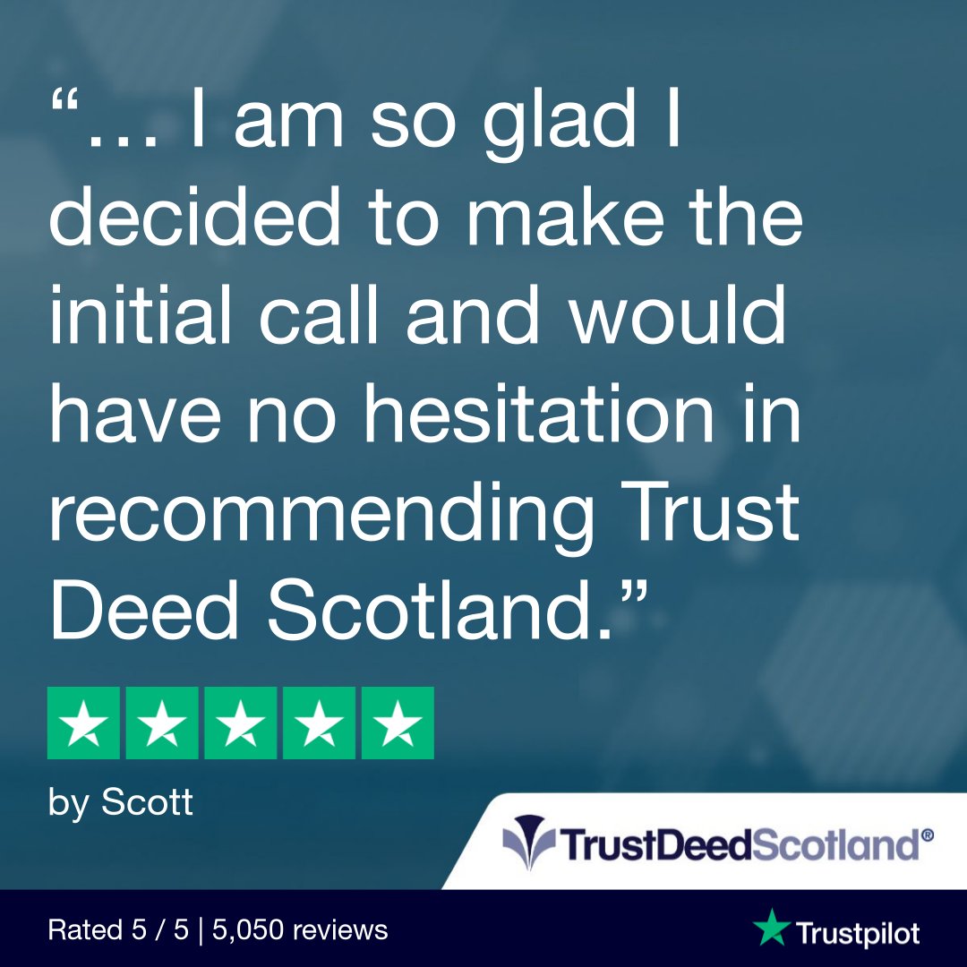 TrustDeedScotl's tweet photo. 🆕Trust Deed Scotland® @Trustpilot review.
★★★★★ by Scott.
Get started:
➡️ https://t.co/BlktQg4yhM
Read more reviews:
➡️ https://t.co/ftpYfsjxOd
📞 0141 221 0999
#realmoneystories #debtfreestories #lifeafterdebt #debtsolutions #scotland #helpwithdebt