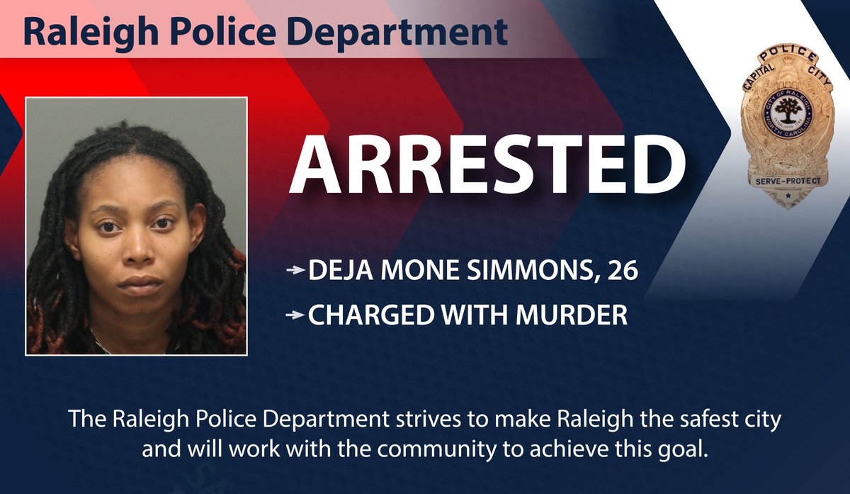 raleighpolice's tweet photo. Raleigh Police Department homicide detectives have made a second arrest in the fatal shooting of Geovanni Emilio Valerio, 22, which occurred on May 17 in the 6600 block of The Lakes Drive. Deja Mone Simmons, 26, has also been charged with murder in connection with the incident. https://t.co/ZxfCSDOCvV