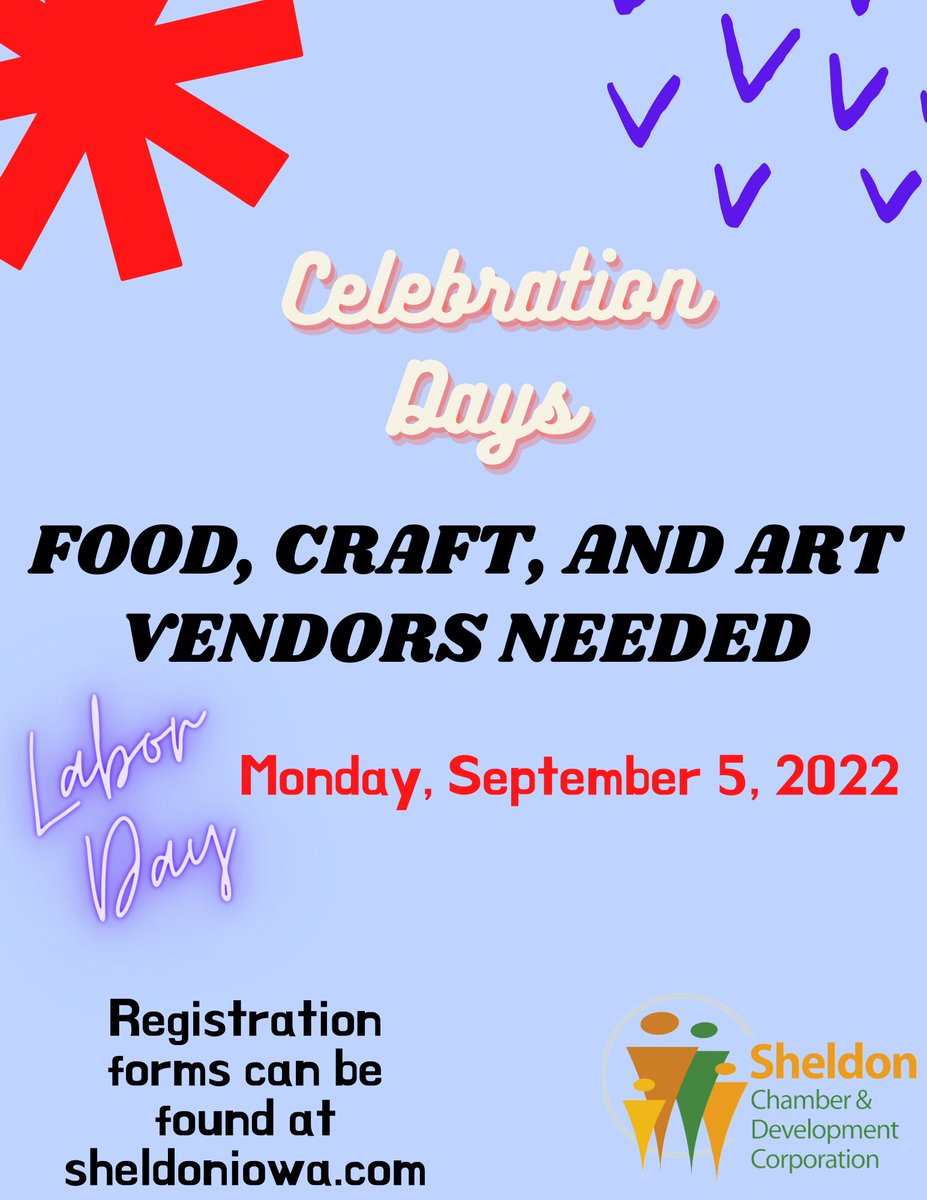 sheldonchamber's tweet photo. Monday, September 5 we will have a jam-packed day for our annual Celebration Days event! In order to make this a great event we need your help! We are currently seeking Food and Craft Fair Vendors! 
Registration link: https://t.co/3jICNJ8Ncp https://t.co/ztggJcLrsY
