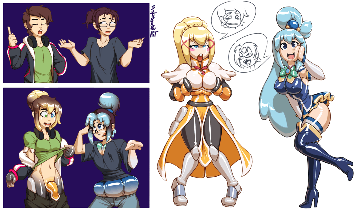 Worst Konosuba girl? <a href="/DegenDismal/">Boing Boing (DismalDegen)</a> insisted that Darkness was just some desperately horny masochist, so I told him that Aqua was obviously nothing but a useless, empty-headed damegami! Now we're both stuck matching our own descriptions. 

Thanks to <a href="/Sutibaru/">Sutibaru</a> for the amazing art!