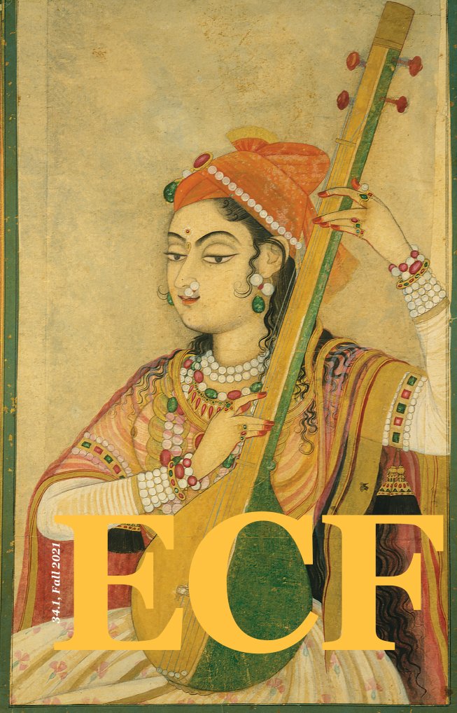 An eighteenth-century artwork showing a person playing a stringed instrument, as the cover of the academic literary studies journal ECF