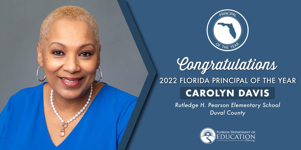 The 2022 Florida Principal of the Year is Carolyn Davis of Rutledge H. Pearson Elementary School in Duval County. Ms. Davis is known for setting high expectations for all of the students. Congratulations, Principal Davis! <a href="/DuvalSchools/">DCPS</a>