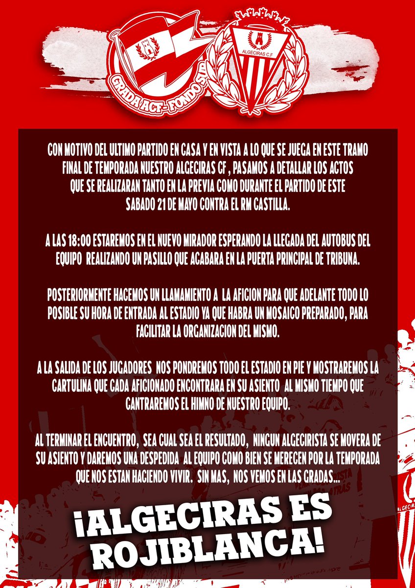 COMUNICADO GRADA ACF FONDO SUR. ¡ALGECIRAS ES ROJIBLANCA!