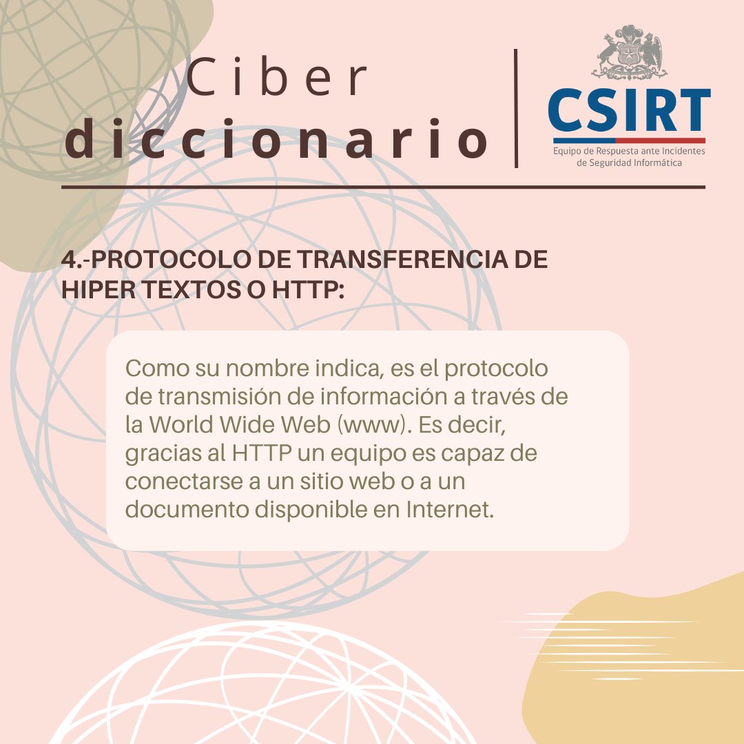 #CSIRTGob comparte esta semana una nueva edición del #ciberdiccionario. En esta ocasión explicamos qué es un DDoS, IP, DNS y HTTP. 
También lo puedes descargar aquí: csirt.gob.cl/recomendacione…