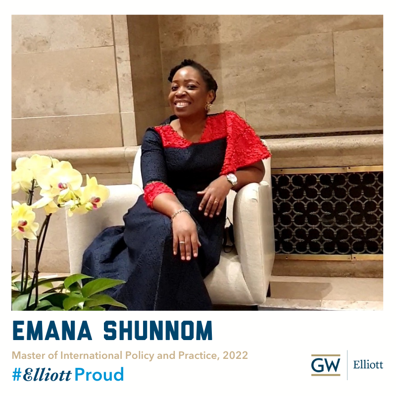Recent <a href="/mippgw/">MIPP Program at GW</a> grad <a href="/emajazii/">Emana Shunnom</a> shared how <a href="/ElliottSGBD/">Elliott School Graduate Board</a> gave her the opportunity to meet world leaders &amp; welcome them to <a href="/ElliottSchoolGW/">The Elliott School</a>. Learn more about Emana including her work with <a href="/USChamber/">U.S. Chamber</a> in her #ElliottProud profile!  Congrats #Classof2022!🎓👩‍🎓🎉ow.ly/SzWR50J6qQ2