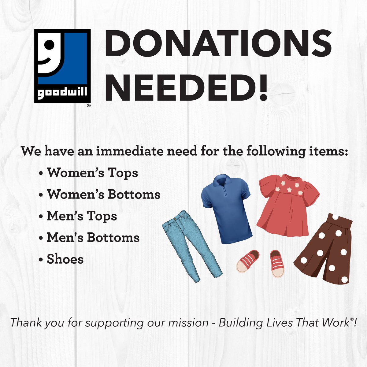 goodwillcfl's tweet photo. Summer is around the corner, and now's a great time to clean out your closets. We have an immediate need for women's and men's tops and bottoms, and shoes! Donate at a Goodwill store or Donation Xpress Center today: https://t.co/vrJvHmUjyb. #SustainableGood #DonationsNeeded https://t.co/xrpNVhLXb5