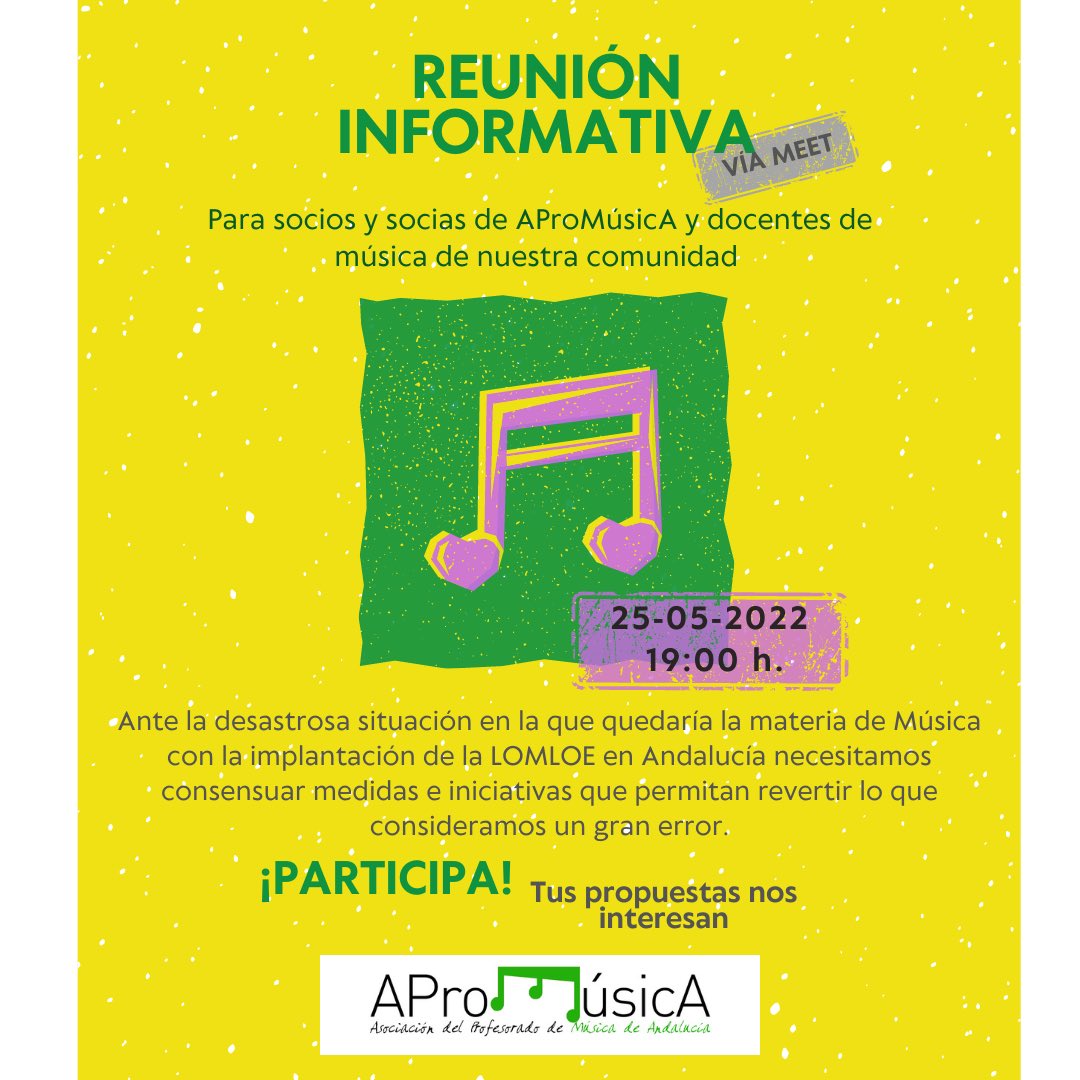 Se ha convocado una reunión informativa para soci@s de AProMúsicA y todo el profesorado de #edmusical con la intención de consensuar medidas e iniciativas que tengan un verdadero respaldo por tod@s.

meet.google.com/dof-nsmc-ici

#EducaConMúsica #nosimportalamúsica <a href="/coaemcoaem/">coaem</a>