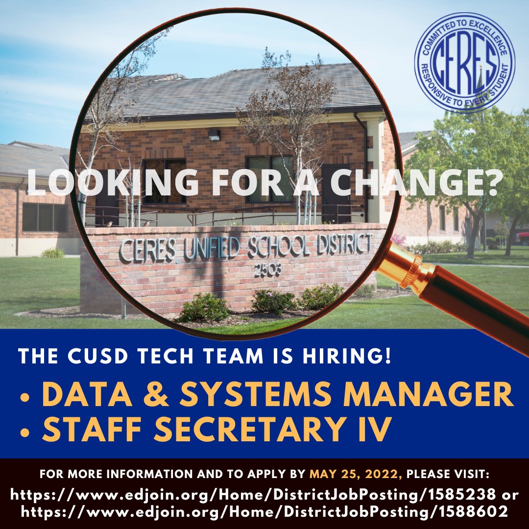 CeresUSD's tweet photo. Interested in a rewarding career in public education serving preschool-adult students as part of a dynamic technology team? The Ceres Unified School District is hiring a Data and Systems Manager https://t.co/d9gs65CFgM and Staff Secretary IV https://t.co/p6eSPL7ckt Apply by 5/25. https://t.co/XFnjra89W8