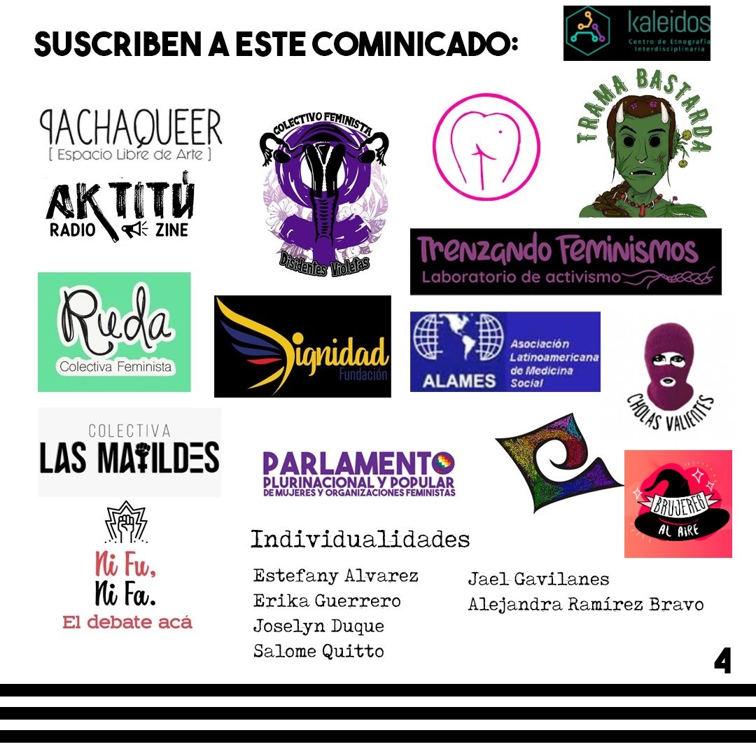 [#URGENTE] 🚨 Nos manifestamos colectivamente frente a la situación de persecución política que enfrenta nuestro país.
LIBERTAD A LXS PRESXS POR LUCHAR 🏴
<a href="/TrenzaFeminismo/">TrenzandoFeminismos</a> <a href="/KaleidosEc/">Kaleidos</a> <a href="/pachaqueer/">P A C H A Q U E E R</a> <a href="/disidentes_ec/">DisidentesVioletas</a> <a href="/EcDignidad/">Fundación Dignidad</a> <a href="/ALAMESEc/">ALAMES Ecuador</a> <a href="/CholasValientes/">Cholas Valientes</a> <a href="/CFLasMatildes/">Colectiva Las Matildes</a> <a href="/CausanaLT/">CAUSANA Acción Lésbika</a>