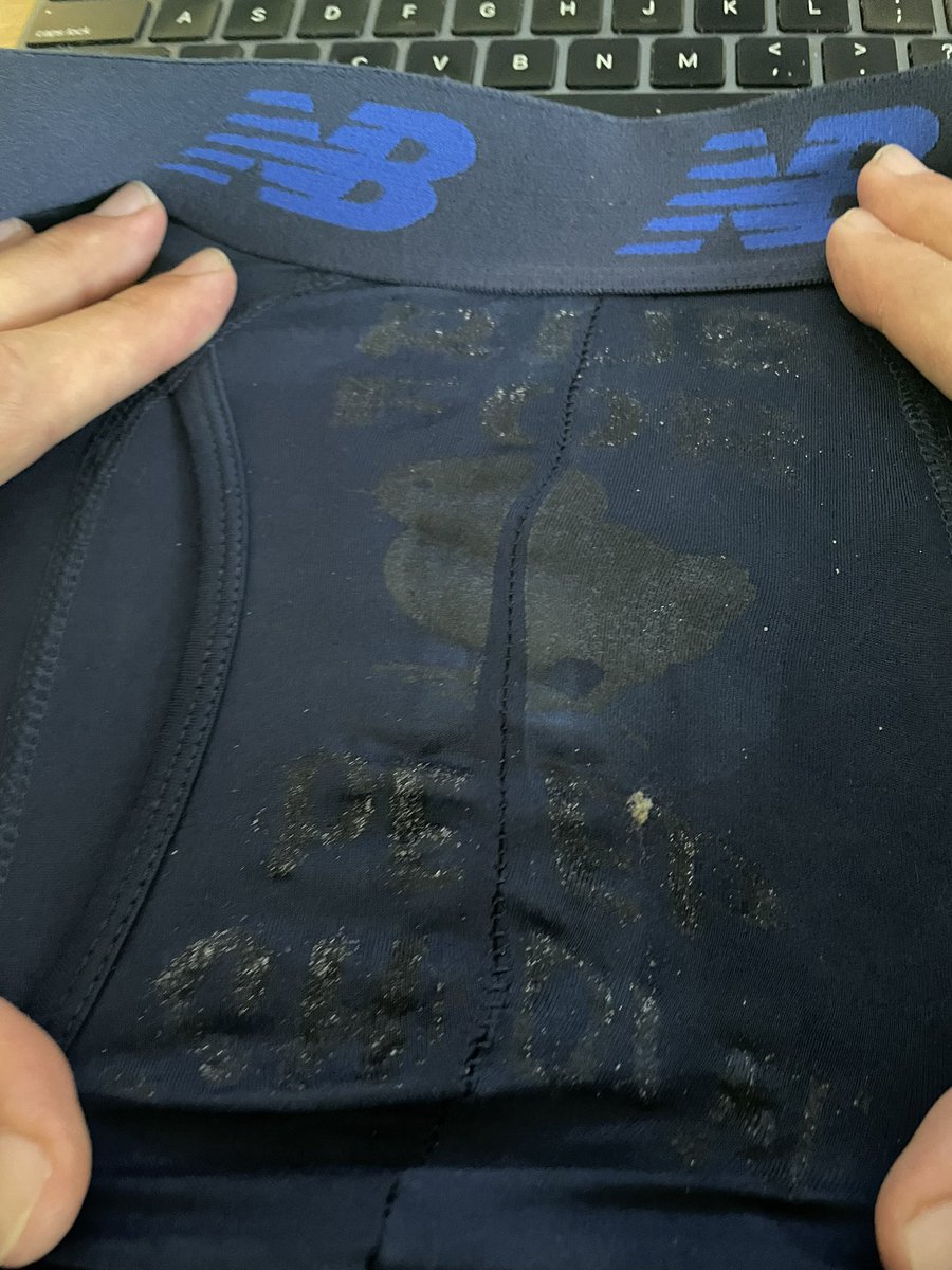 ayale99's tweet photo. @newbalance First time customer, ordered some of your boxers. The front has a message that says “Rub for peed chicken,” with a picture of a chicken. Written in a non-removable tar ink. Is this a new feature? https://t.co/4fXAudLpVn