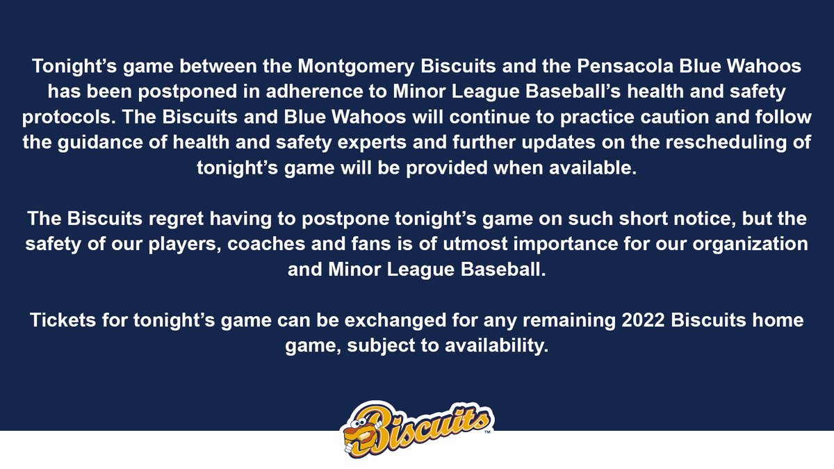 BiscuitBaseball's tweet photo. An update regarding the Thursday, May 19th Biscuits game. https://t.co/FmWDmYjFxT