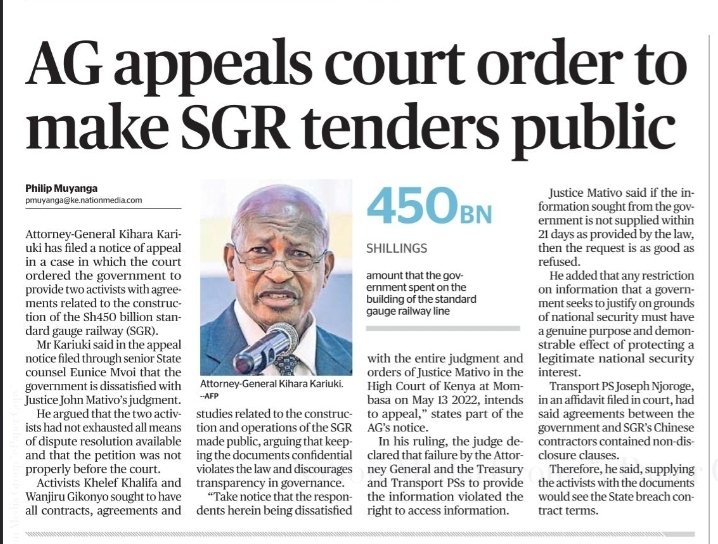 smutoro's tweet photo. Unbelievable how a well-educated, top lawyer and former President of the Appellate Court Justice (Rtd) Kihara Kariuki wastes public funds fighting clear provisions of Artixle 35 of the Constitution. History will charge him as the worst, anti-reform @AGOfficeKenya ever #SGRscam https://t.co/htElvckoc8