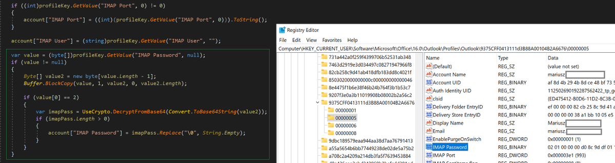 mariuszbit's tweet photo. IMAP Password lying out there in Registry in DPAPI-encrypted form. Worth adding Seatbelt collection support? :-)

HKLM\Software\Microsoft\Office\16.0\Outlook\Profiles\Outlook\9375CFF0413111d3B88A00104B2A6676

Simple CryptUnprotectData() will do to decrypt it. https://t.co/GAh6tsbrfX