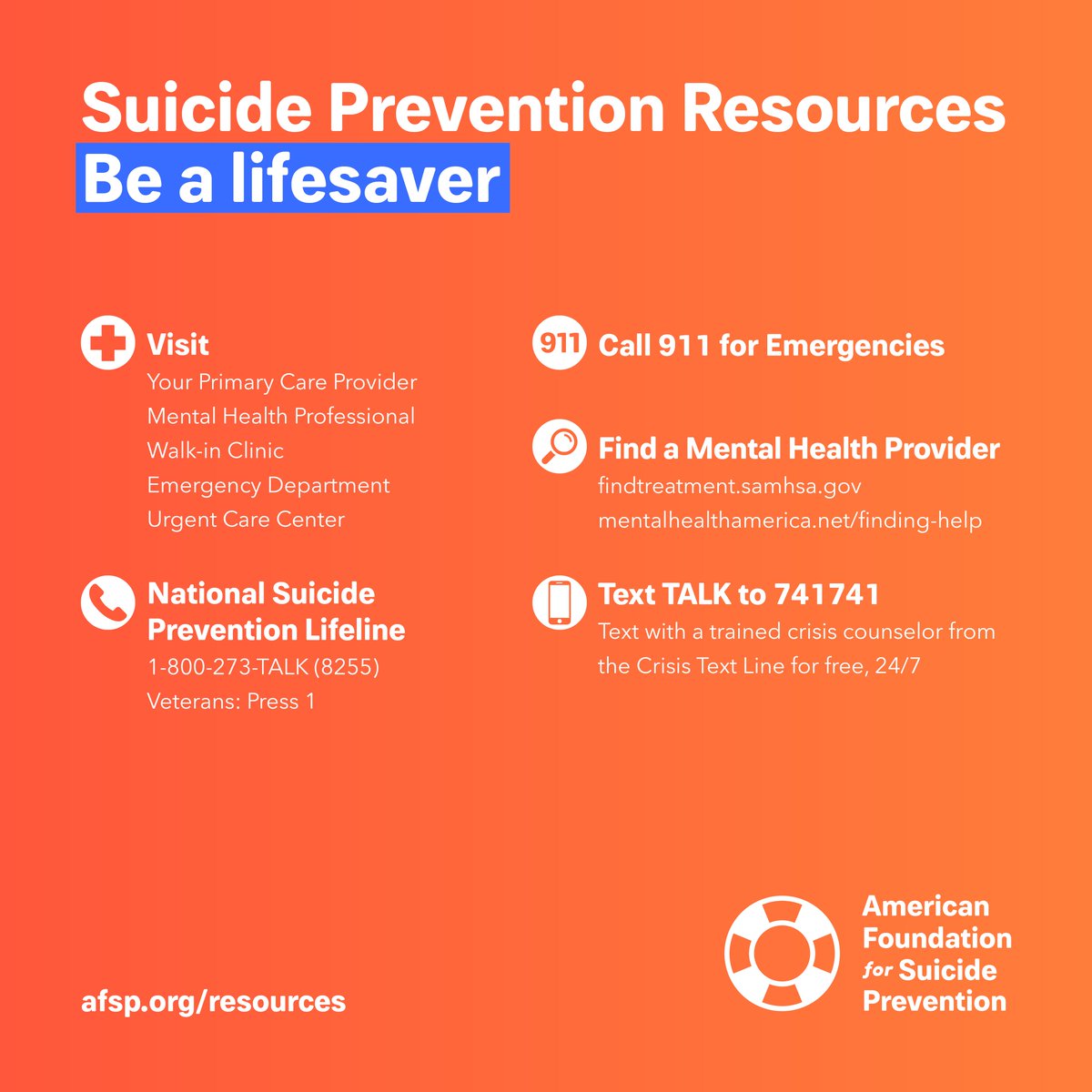 AFSPMichigan's tweet photo. Stop scrolling!
Take a snapshot, save this image, and share these resources with friends, family and loved ones. You never know when you might need them. π§‘
#MentalHealthAwarenessMonth #BeALifesaver #AFSPMichigan https://t.co/qhHUQQXnXe