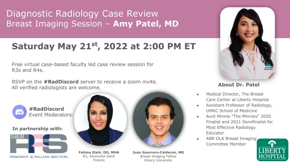 Join us for our third and final breast case review featuring @amykpatel in collaboration with @RadDiscord on Saturday, May 21, 2022 at 2pm ET. RSVP on #RadDiscord or join here: discord.gg/BG8H4Xj5ak