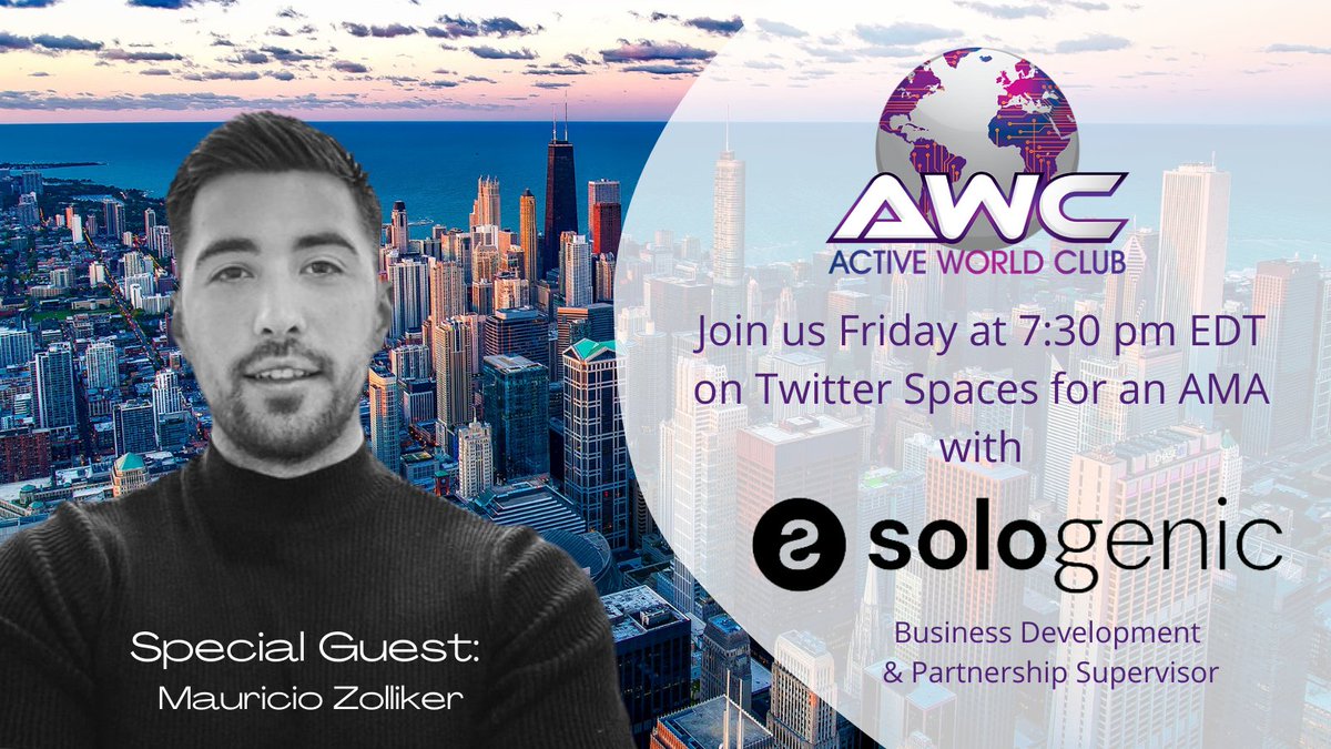 Join our AMA tomorrow night at 7:30 pm EDT (GMT -4) as we host special guest Mauricio Zolliker, Business Development &amp; Partner Supervisor of Sologenic. 

$XRP $SOLO <a href="/AWC_TheClub/">Active World Club</a> $AWRT $AWB #Defi #Web3 #CryptoNews #Dune2 #Gamefi <a href="/AmigaGames/">Amiga Games Inc.</a> #RocketRanger #retrogames <a href="/realSologenic/">Sologenic</a>