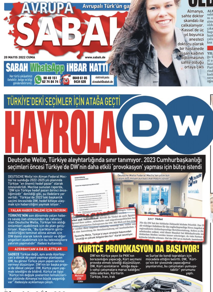 Alman tetikçi DeutscheWelle Türkiye’nin 2023 seçimlerinde daha aktif olabilmek için Alman Federal Meclisinden ek bütçe istedi. 

“DW için Türkiye hedef pazarı önceliklidir”

Manşet haberim yarın SABAH’ta