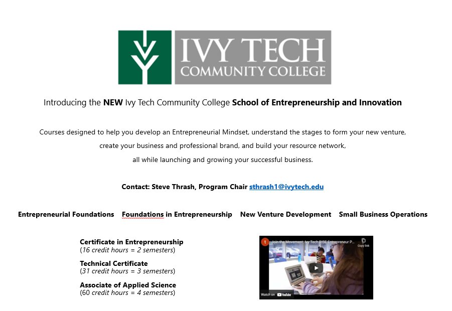 SourceForBiz's tweet photo. Join @IvyTechCC 's new School of Entrepreneurship and Innovation for their new certifications and associates program. We're excited that our own Steve Thrash is serving as the program chair for these programs. Reach out via the info below to learn more! https://t.co/axMpQKRi07