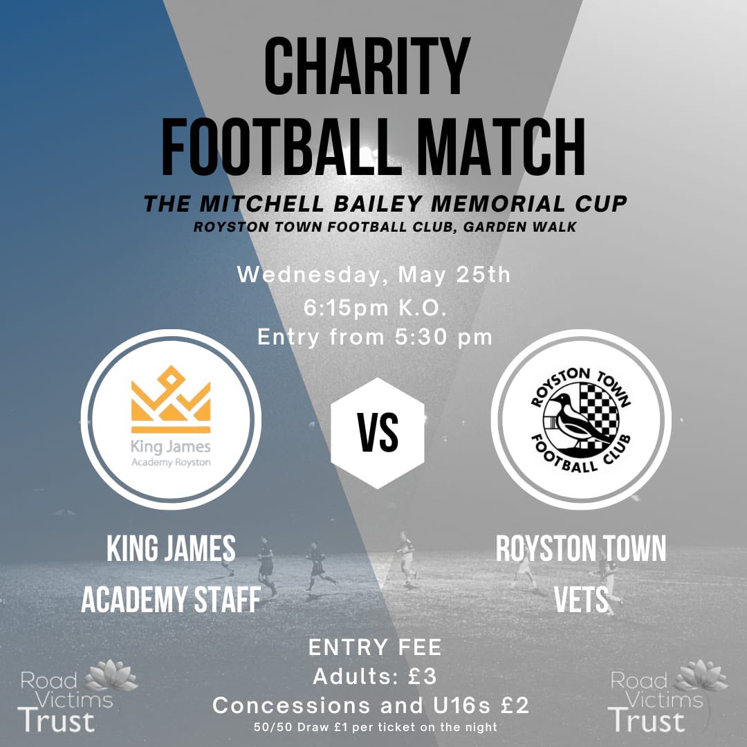 Less than a week to go!! It’ll be a great rivalry with some of our students parents and football coaches playing for the <a href="/RoystonTownFC/">Royston Town FC</a> vets team. Your teachers need your support. All for a great cause. <a href="/roadvictimstrus/">Road Victims Trust</a>