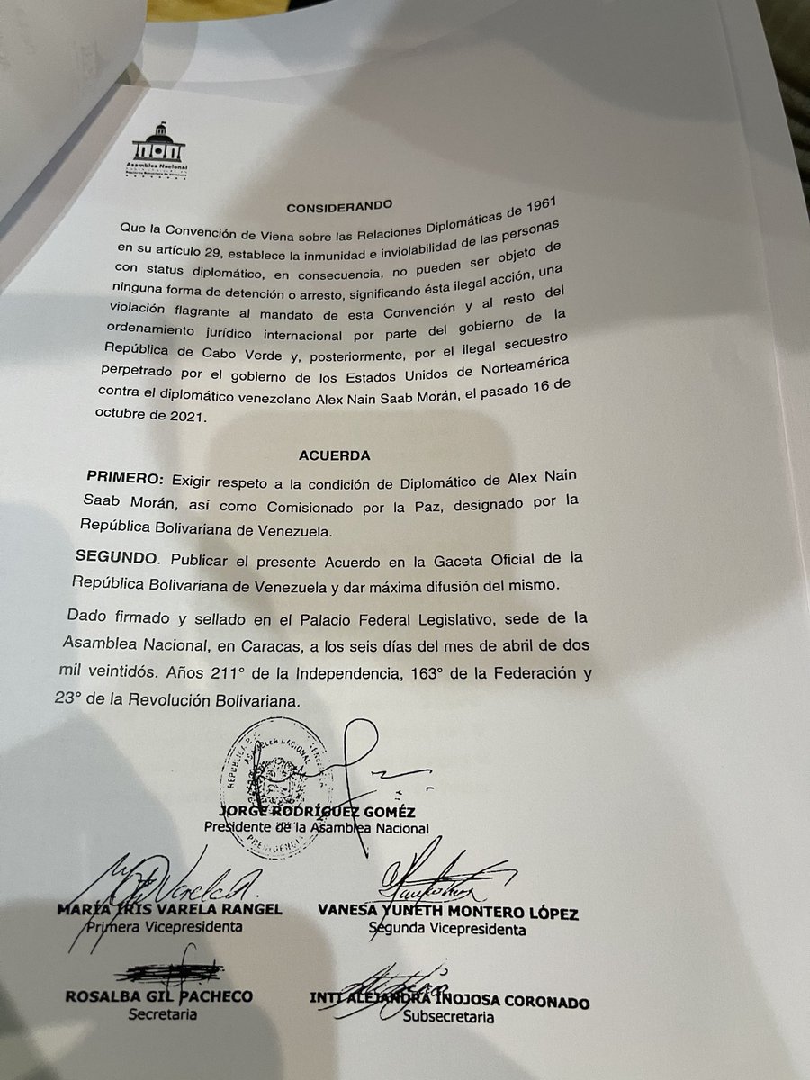 Acuerdo para exigir el Respeto de la condición de Diplomático de Alex Saab desde la @Asamblea_Ven @CamillaFSaab