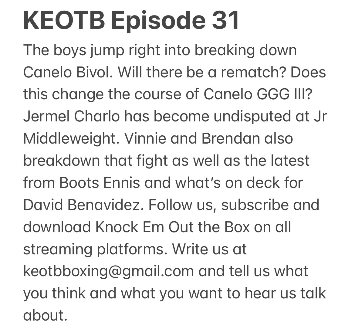 For your listening pleasure:

Find us on all streaming platforms.

Like, follow, review and subscribe. 

🥊🥊🥊🥊🥊🥊🥊🥊🥊🥊🥊
#boxing  #knockemoutthebox 

open.spotify.com/episode/0BK7p6…