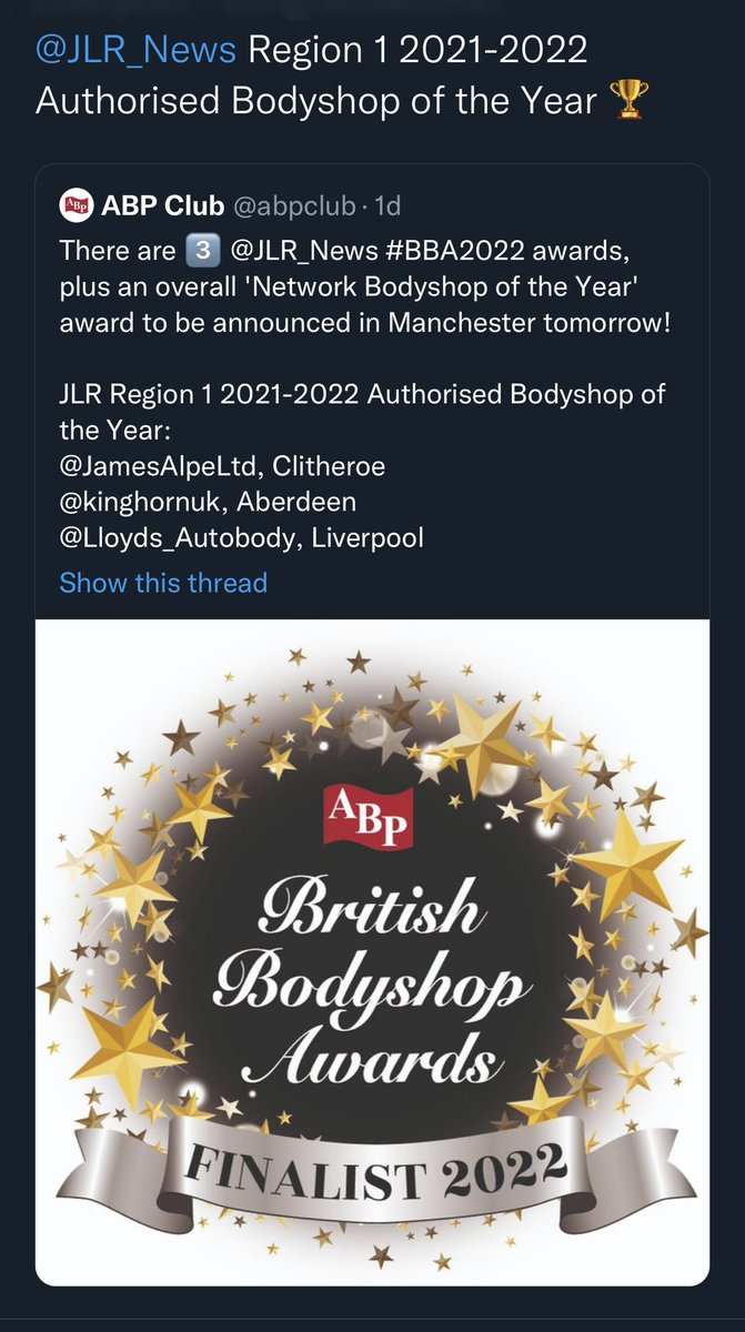 Lloyds_Autobody's tweet photo. #JLR #Winners back to back Jaguar Land Rover bodyshop of the year Lloyds Autobody Liverpool 🎉 https://t.co/qJ698TVaWh