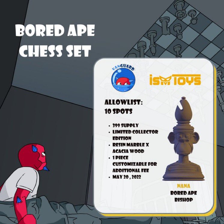 seannana's tweet photo. BORED APE CHESS SET
✨ALLOW-LIST✨

I’ve been given 10 Allow-list spots to giveaway to my frens for the upcoming Bored Ape Chess set!

• Follow @IsmToys + @seannana 
• RT + Tag a fren in the comment

❤️‍🔥♟ https://t.co/tOkRJ9uGBp