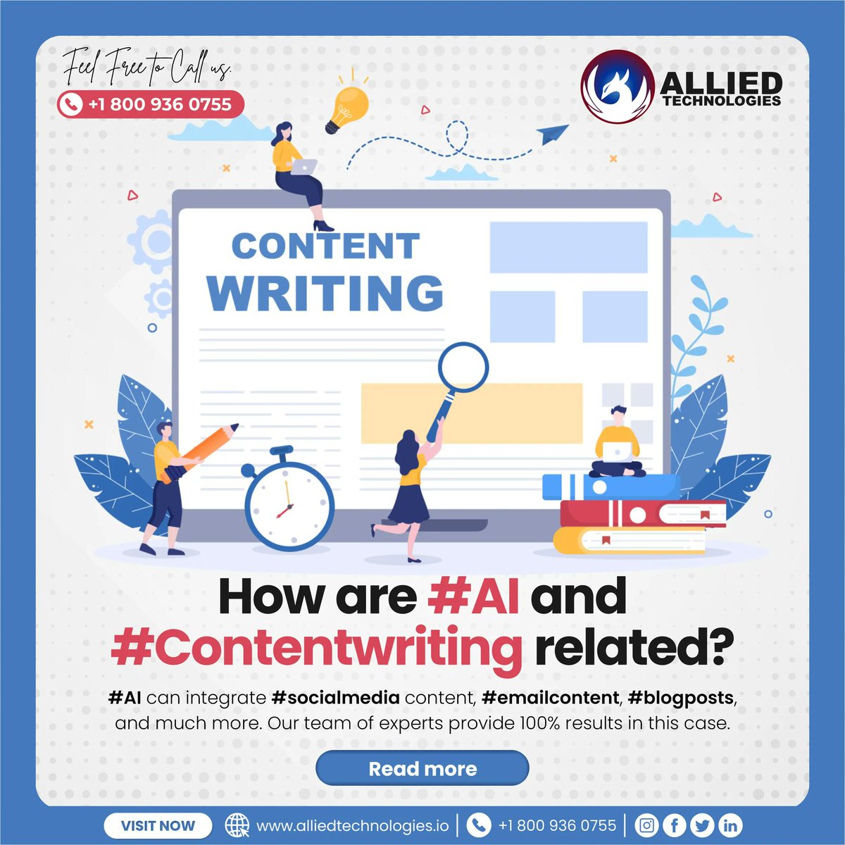 How are #AI and #contentwriting related?

#AI can integrate #socialmedia content, #emailcontent, #blogposts, and much more. Our team of experts provide 100% results in this case. Know More: buff.ly/2RwvzX7
#alliedtechnologies #webdesigner #uxdesign #ui #ux #webdevelopmen