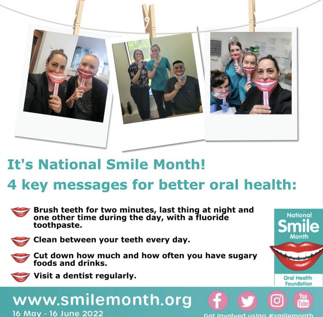 It's National Smile Month!
A campaign to promote good oral health and put a smile on everybody's face. 

We are starting off the month with the 4 key messages for better oral health:

#NationalSmileMonth #oralhealth