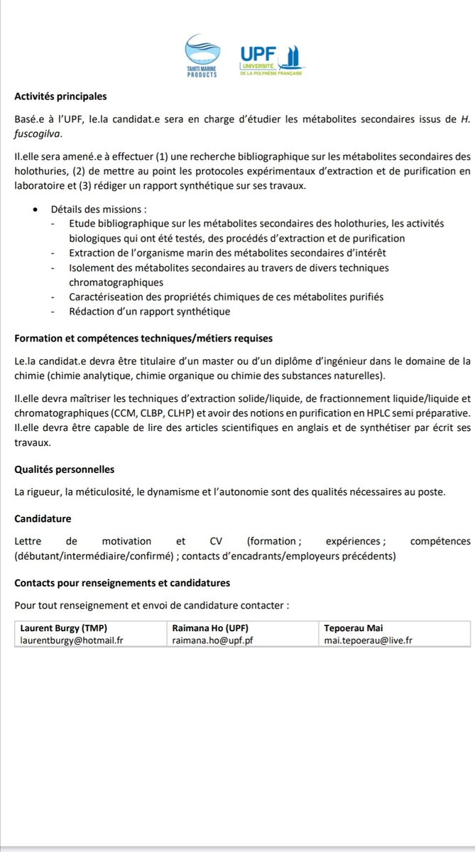 Cher réseau, nous recherchons un #ingénieur.e (bac +5) en #chimie des substances naturelles pour travailler sur la valorisation des holothuries de la Polynésie française. 👩🏽‍🔬👨🏼‍🔬 Un projet en collaboration avec #TahitiMarineProducts et l'#UPF. Merci de partager.