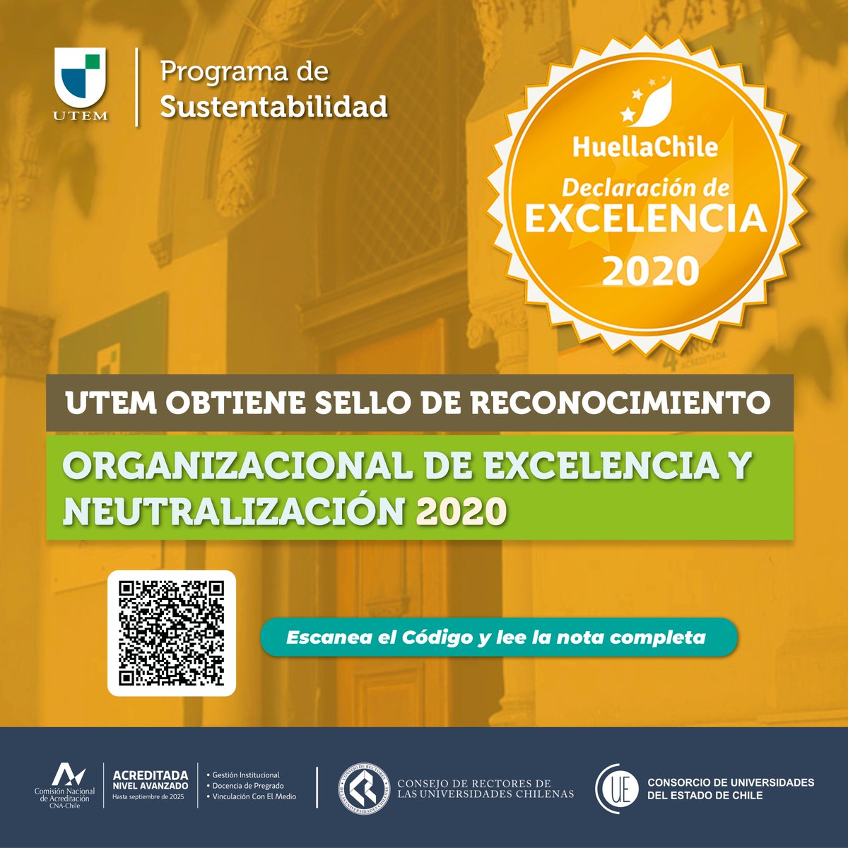 #OrgulloUTEM | ¡La #UTEM está comprometida con la #Sustentabilidad!
Nuestra Universidad fue distinguida con el reconocimiento máximo que entrega el Programa <a href="/HuellaChile_MMA/">Programa HuellaChile</a> del <a href="/mmachile/">Ministerio del Medio Ambiente</a>, el Sello “Declaración de Excelencia 2020”, 
Conoce más en: bit.ly/3G1k0Mg