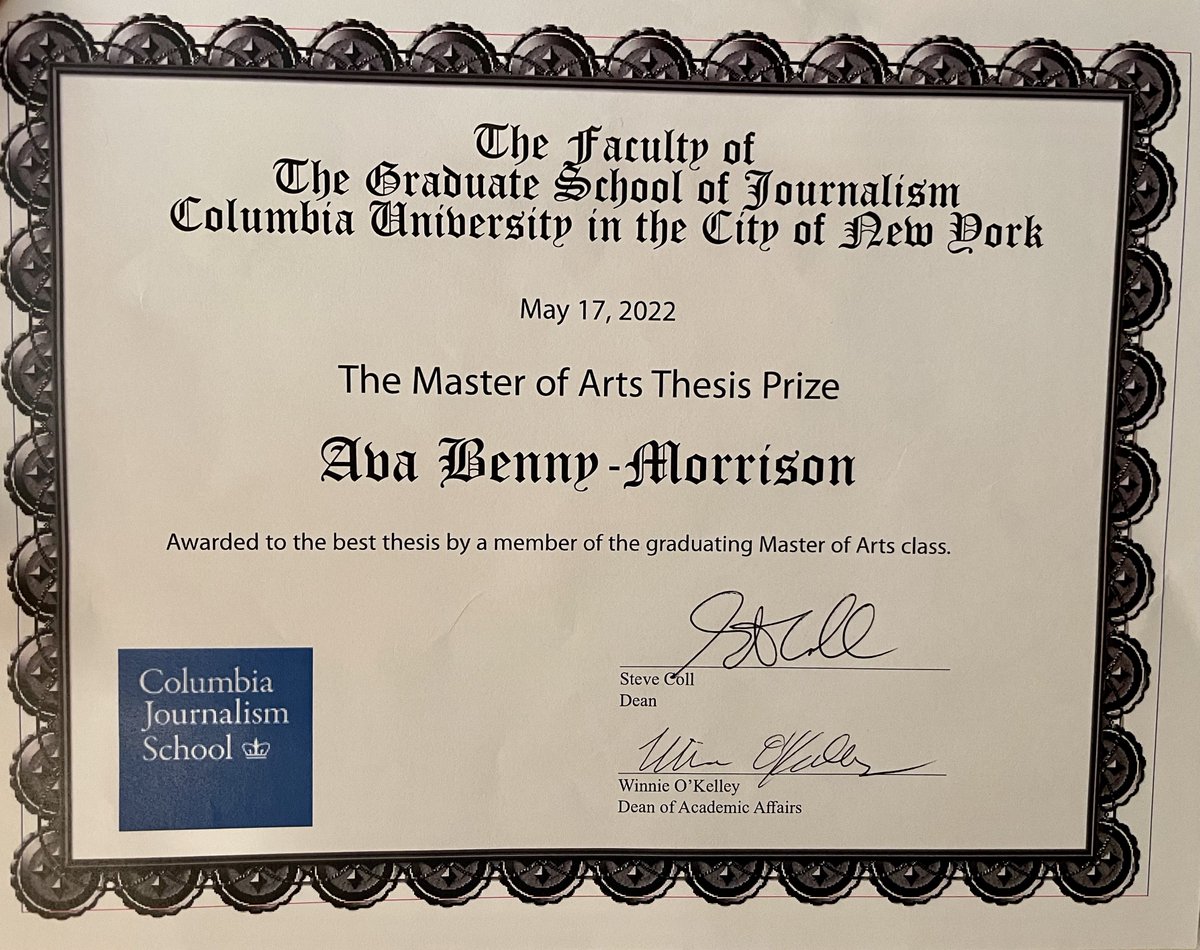 avabmorrison's tweet photo. Incredibly chuffed to have won @columbiajourn best thesis prize for my reporting on extremism. A shout out to finalists, cracking journos and all-round great blokes @AdamJKovac &amp; @iscoe 🎓 https://t.co/QnGaVjQ5n6