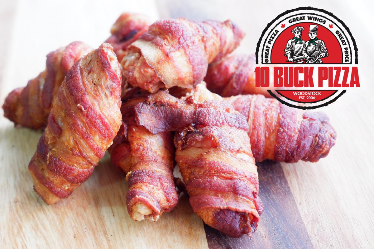 10buckpizza's tweet photo. What would make a long weekend better?  Bacon wrapped wings!
Unbreaded wings wrapped in bacon &amp; deep fried to perfection!
Yes please. 
.
.
#10buckpizza #bacon #wings #longweekend #takeout #delivery https://t.co/pEgzrn5YHc