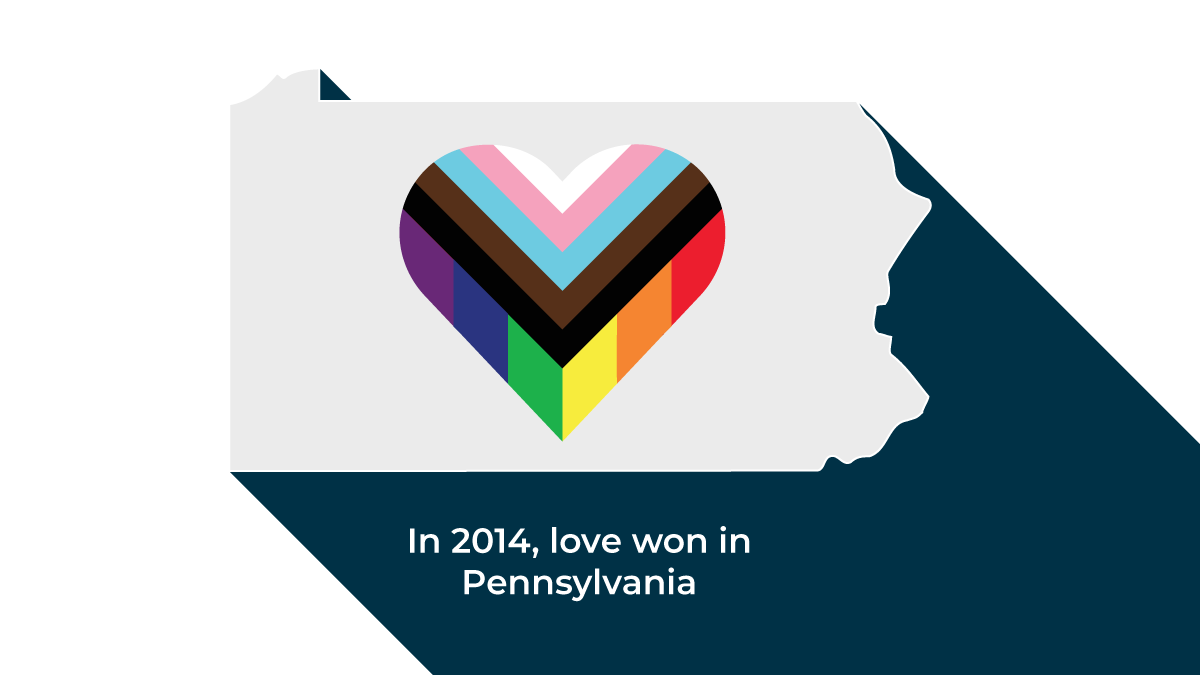 LGBTQIA+ flag in the shape of a heart in the outline of Pennsylvania. In 2014, love won in Pennsylvania.