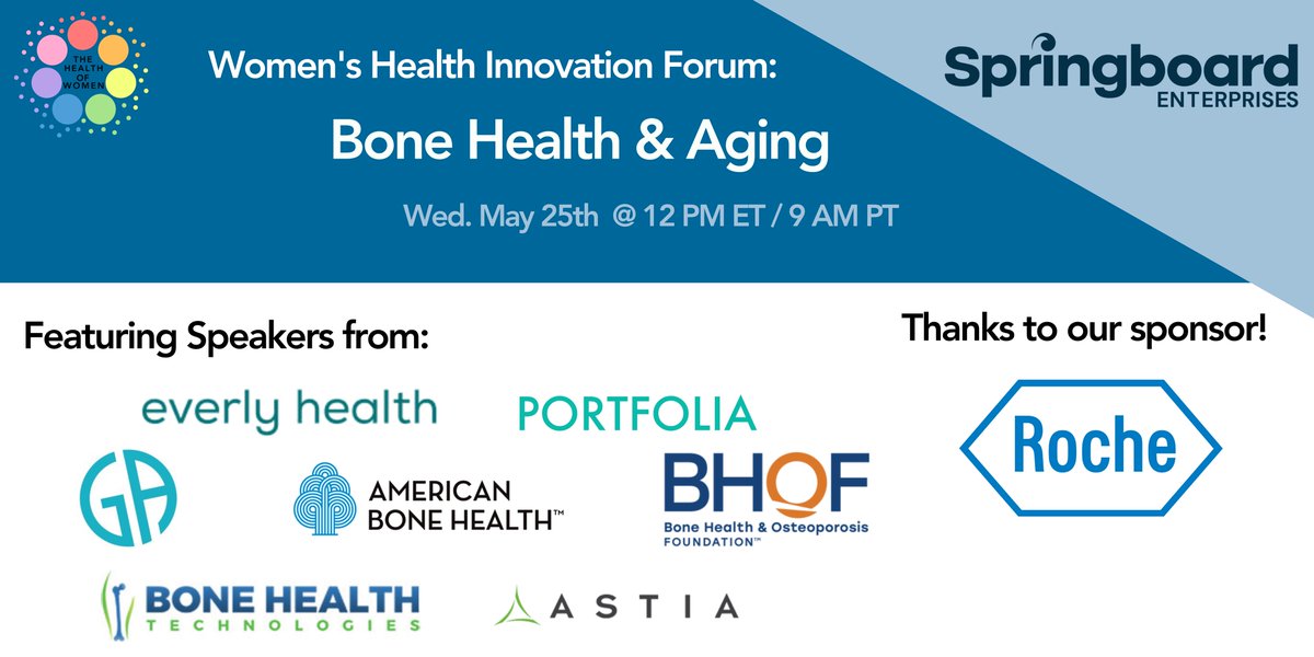Join us NEXT WEDNESDAY MAY 25TH for our Women's Health Innovation: Bone Health &amp; Aging Forum event! RSVP NOW → lnkd.in/gEWDpmqm

<a href="/SpringboardEnt/">Springboard Enterprises</a> <a href="/WHICoalition/">Women's Health Innovation Coalition</a> <a href="/Roche/">Roche</a> 
<a href="/everly_well/">Everlywell</a> <a href="/Portfolia1/">Portfolia</a> <a href="/Grace_and_Able/">Grace & Able</a> @ambonehealth <a href="/bonehealthBHOF/">Bone Health & Osteoporosis Foundation</a> @BoneHealthTech1  <a href="/AstiaAngel/">Astia Angels</a>