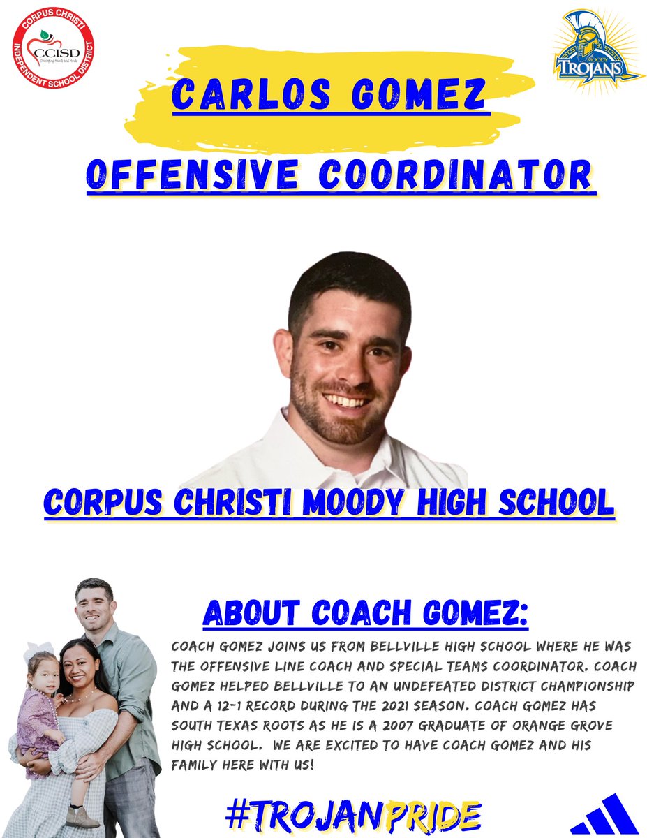 TrojanPrideFtbl's tweet photo. We are excited to announce the hiring of our new Offensive Coordinator, Carlos Gomez! @CoachGomez_MT Coach Gomez joins us from Bellville HS where he helped the Brahmas to an undefeated District Championship and a 12-1 Record in 2021! @EAV1977
#TrojanPride🔵🟡 https://t.co/3tprDYMZ5L