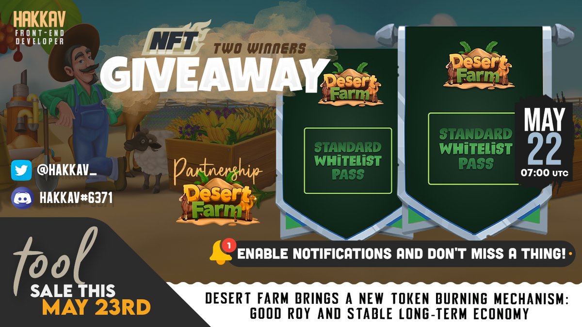 NFT GIVEAWAY: Desert Farm🎉
1️⃣Follow <a href="/hakkav_/">Hakkav</a>&amp; <a href="/DesertFarmGame/">Desert Farm Game</a>
2️⃣Like, retweet and comment tagging +3 friends.
3️⃣Join discord.gg/NWvhgsmRQ6
🗓️Ends 22/05 07:00 UTC

Participate now, good luck!🦁#NFTCommunity #NFTGiveaway #WAXP #NFTProjects #NFTdrop #NFTcollectors #SolanaNFT