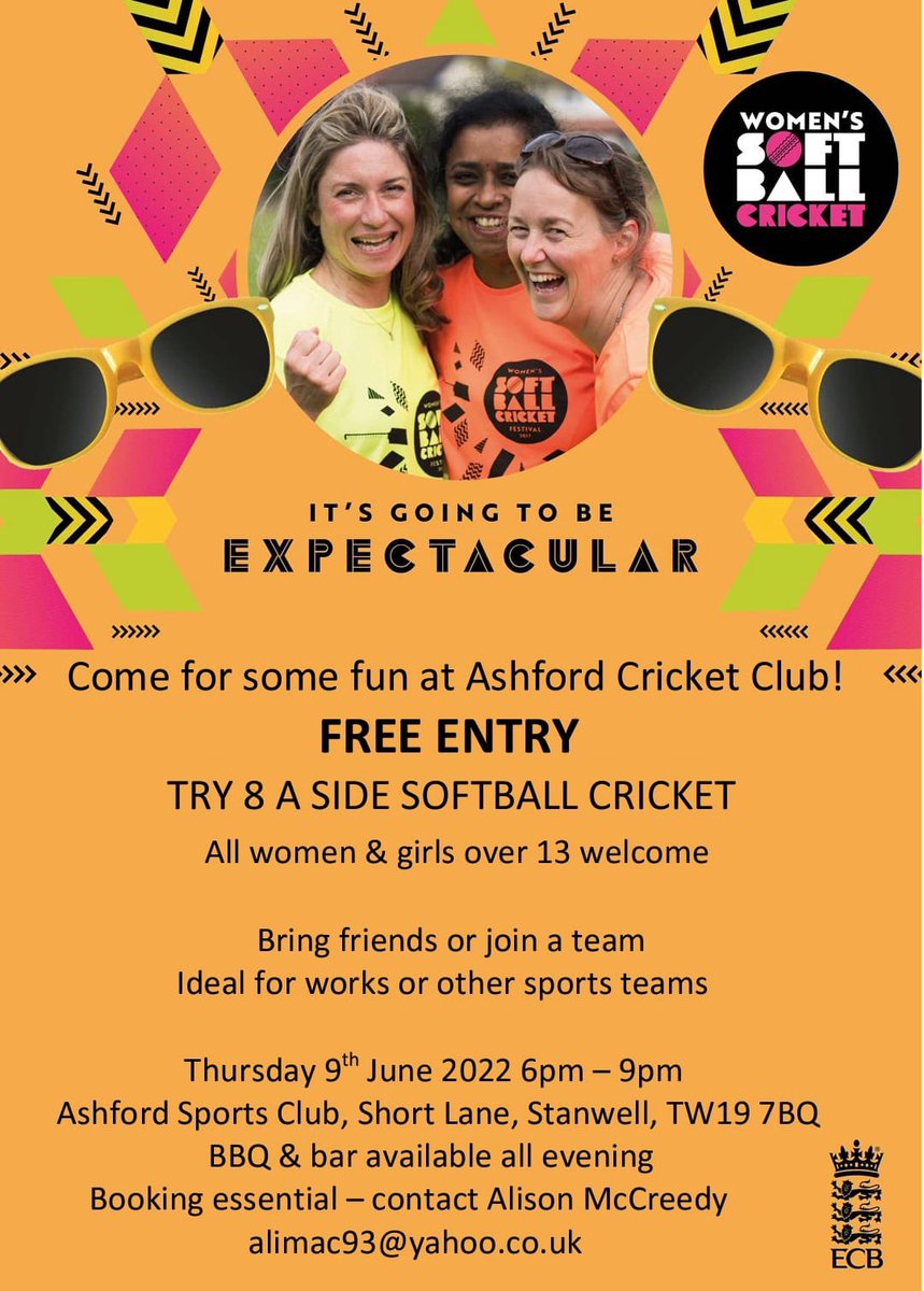 We are holding a soft ball cricket session &amp; you are invited

🗓 Thursday 9th June 2022
⏰ 6pm - 9pm
📍Ashford Cricket Club

<a href="/SurreyCricketFd/">Surrey Cricket Foundation</a> <a href="/rhianna_southby/">Rhianna Southby</a>