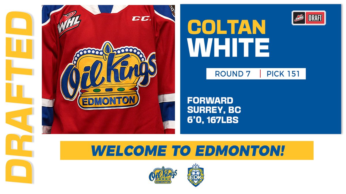 In the 7th round of the 2022 WHL Prospects Draft, with the 151st pick, the #OilKings have selected F Coltan White from Valley West Giants U15 AAA. 

Welcome to the #OilKings family, Coltan!

#representEOK