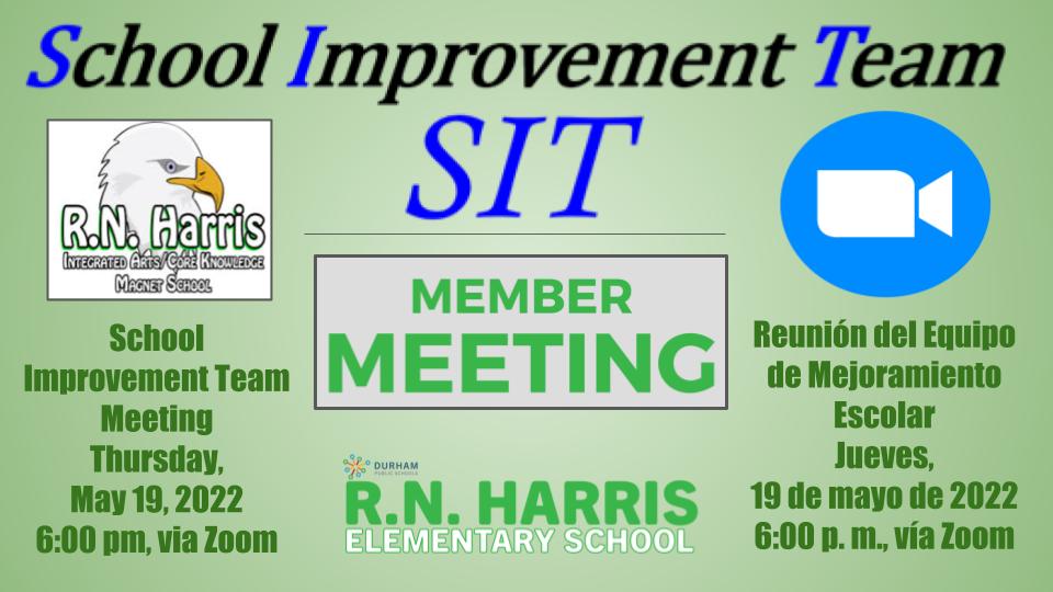 <a href="/RNHarrisElem/">R. N. Harris</a> 
SIT Team Meeting tonight @ 6pm. Check our Dojo Stream or website for access information.

Reunión del equipo SIT esta noche a las 6 p. m. Consulte nuestro Dojo Stream o sitio web para obtener información de acceso.