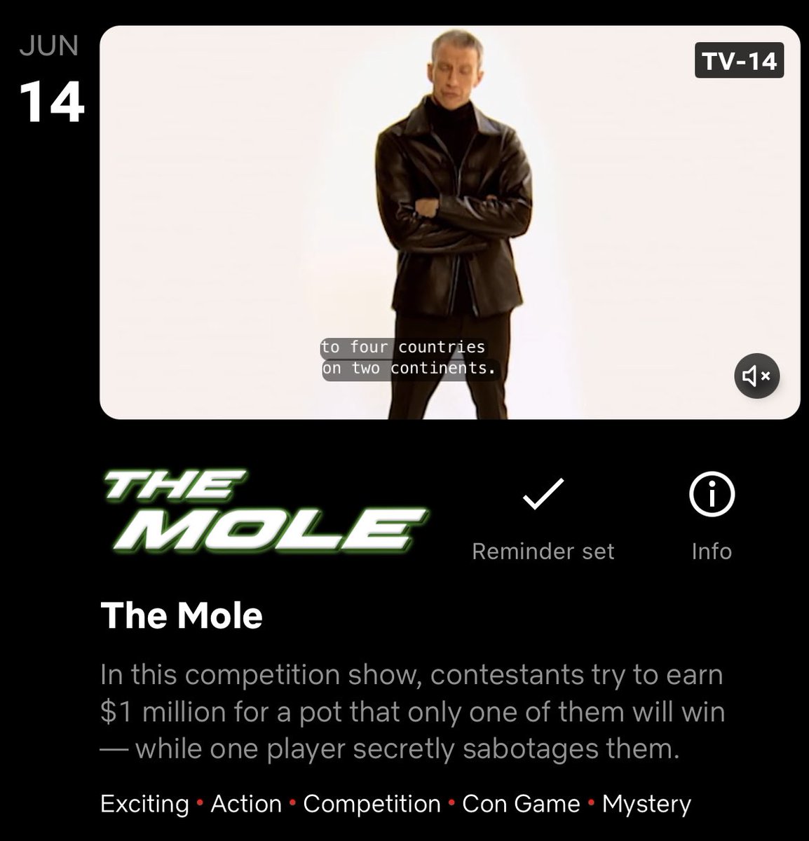 LaurenMColman's tweet photo. So @netflix is showing I have a reminder set for The Mole on June 14. I’ve already streamed the old seasons. Does this mean the reboot is almost here?! And is @andersoncooper attached? https://t.co/QvUSJ7eSyi