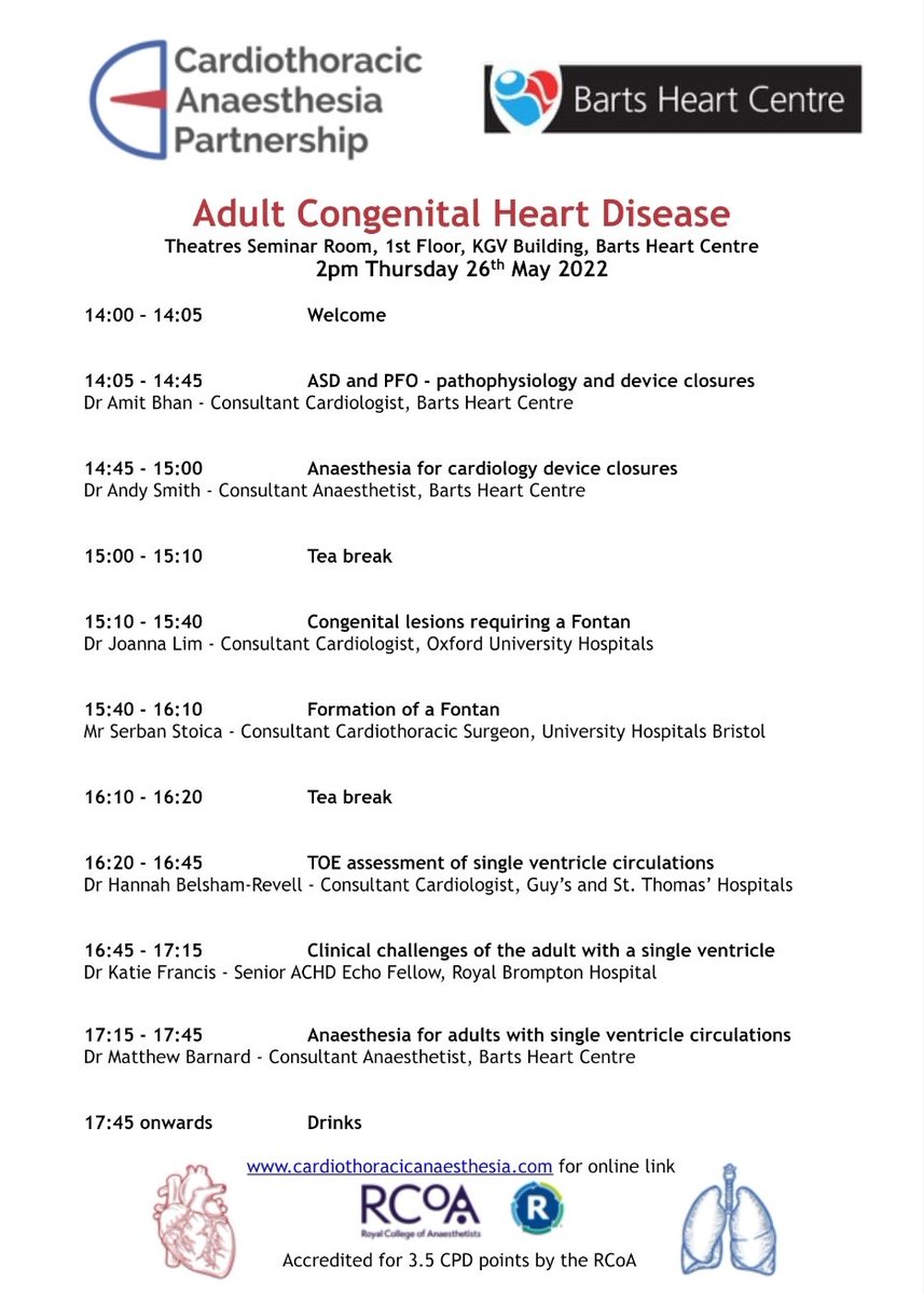 CAPanaesthesia's tweet photo. One week until our next free advanced cardiothoracic anaesthesia education meeting.

Adult Congenital Heart Disease

From 2pm 26th May at St. Bartholomew's Hospital and on MS Teams.

https://t.co/nwa8HTpuA5 for link https://t.co/gQAc832HUp