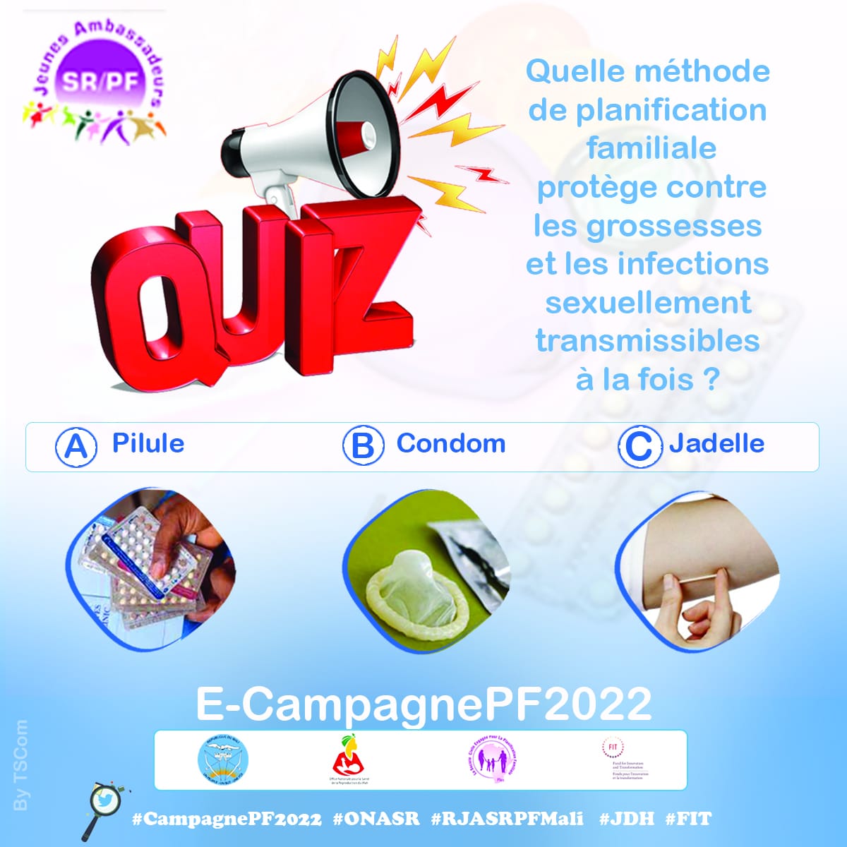 QUIZ:
Jouez et tentez de gagner des clés USB, T-shirt et d'autres surprises. 
Pour jouer c'est simple, 
1: Repondez à la question,
2: aimez et partagez. 
Les gagnants seront contactés en inbox.
#CampagnePF2022  
#ONASR 
#RJASRPFMali
#JDH
#FIT