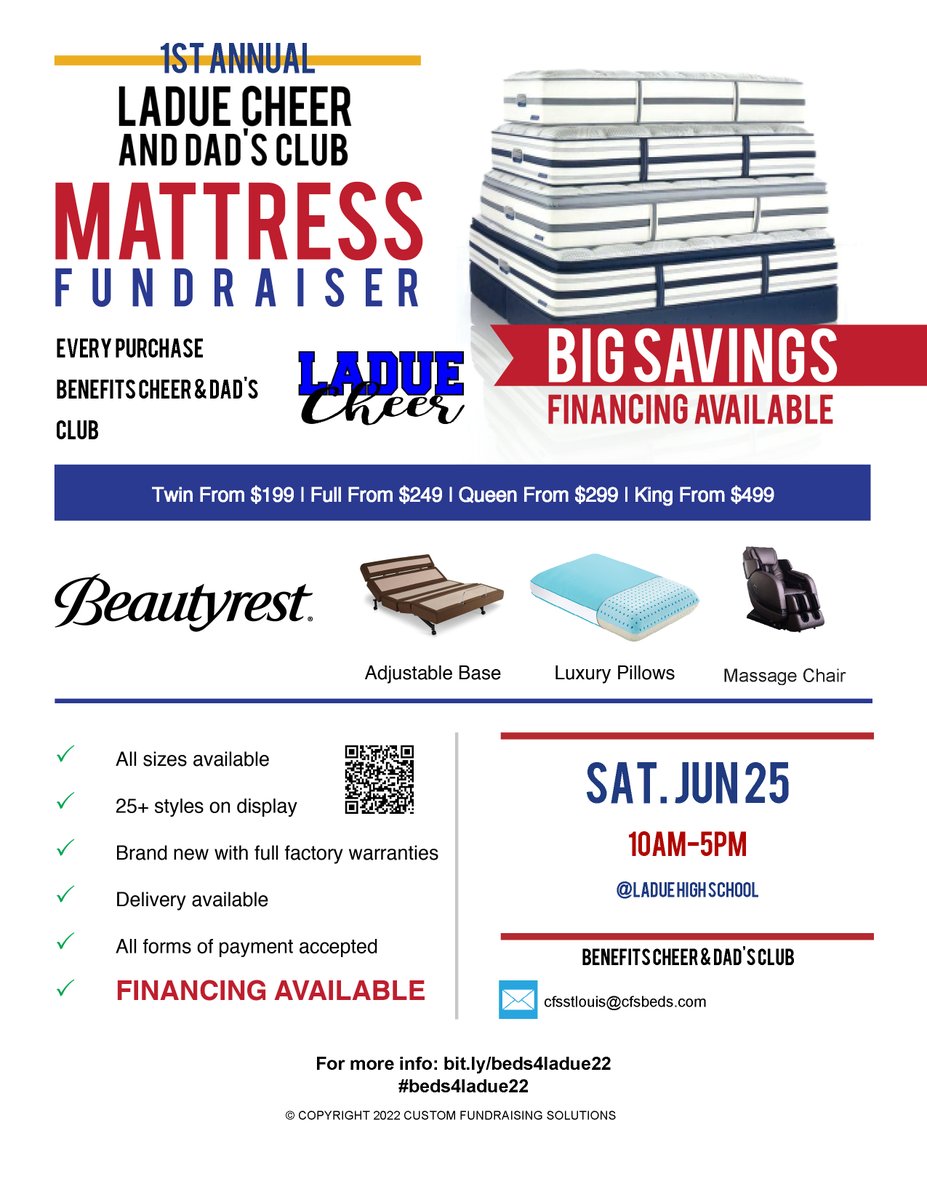 Support the Ladue Cheer &amp; Dads' Club Mattress Fundraiser bit.ly/beds4ladue22 #beds4ladue22