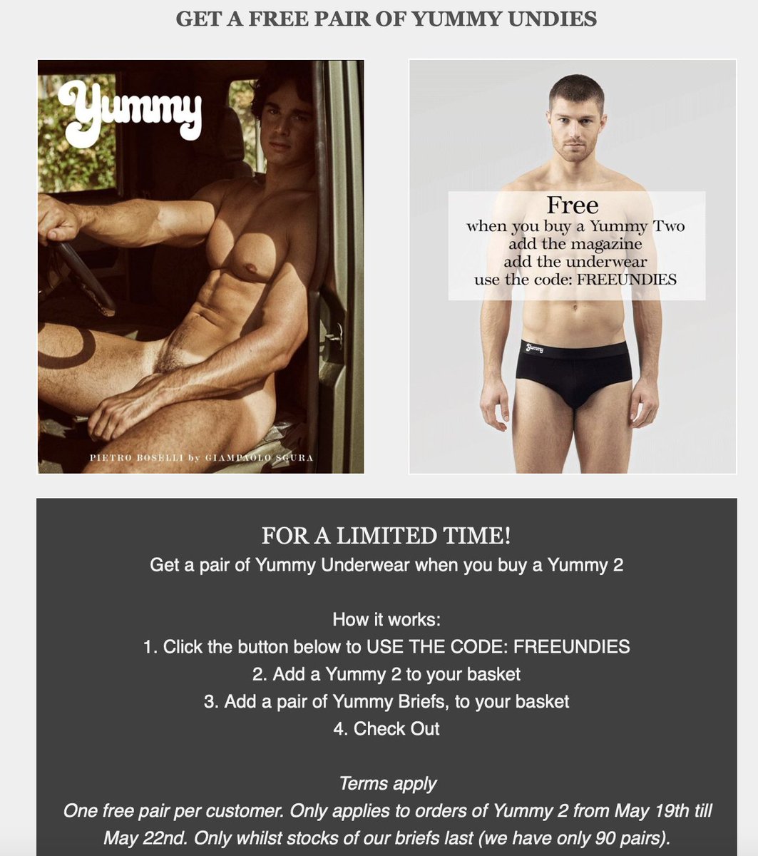 Yummy on X: Order a Yummy Issue 2 and get a free pair of Yummy Briefs  (while stocks last!) Use FREEUNDIES in the check out:    / X